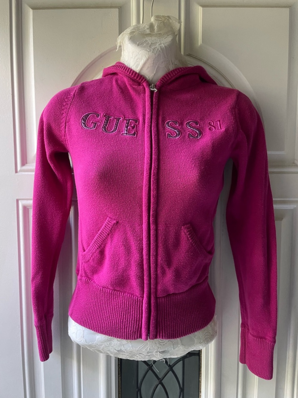 Guess Fuchsia Zip Hoodie with Embroidered Logo